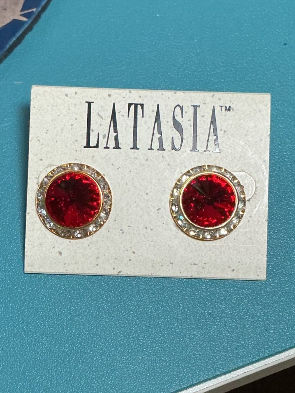 Latasia Round Red Rhinestone Border Stud Earrings New on Card